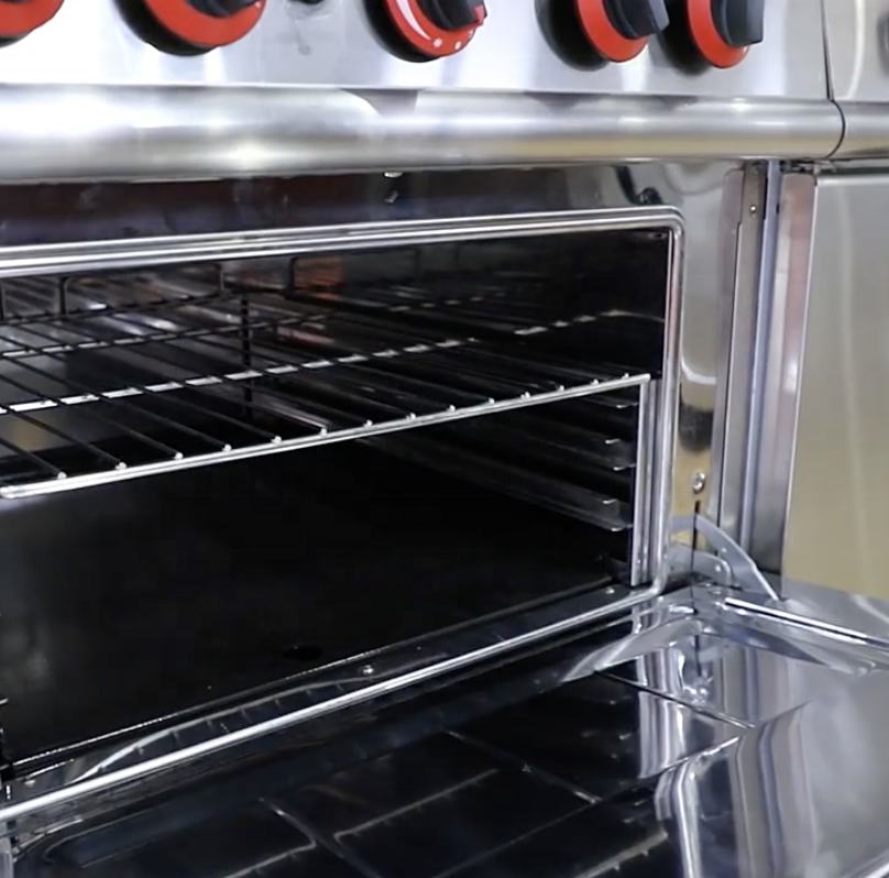 Professional 6 Burner Gas Range with Built-in Oven 35.8KW High Efficiency Stainless Steel Body for Large Commercial Kitchen