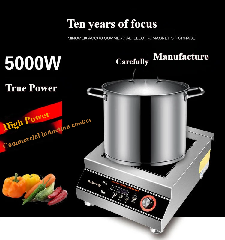 5000W Commercial Single Stainless Steel Induction Cooker Electric Cooktop Hotpot Fry Functions for Restaurant Household Use