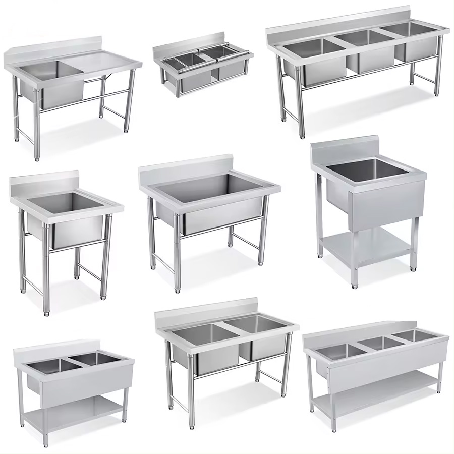 Kitchen Single and Double Tank Disinfection Tank with Platform Three Compartment Sink with Table