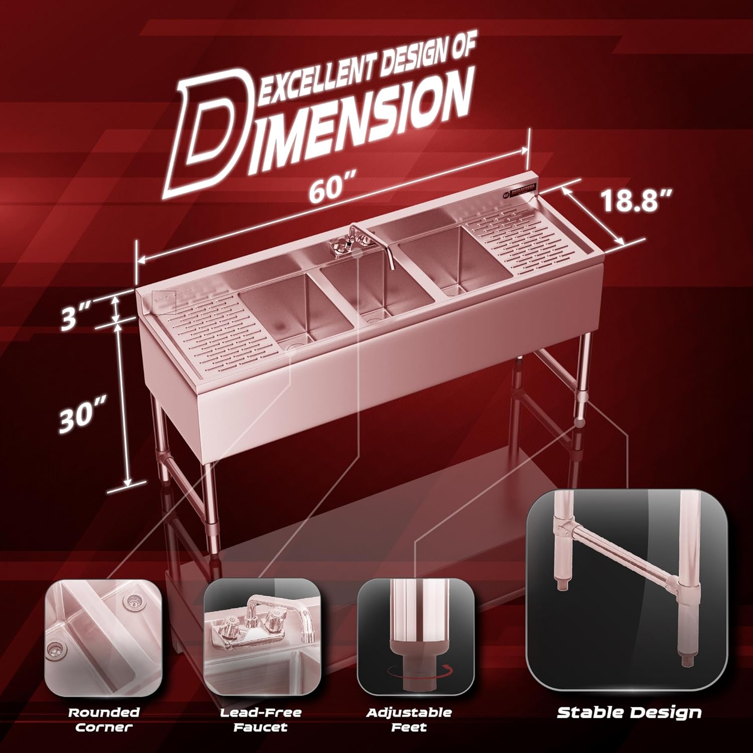 Customized Stainless Steel Three Compartment Commercial Bar Sink with Double Drainboard for Hotels Restaurants