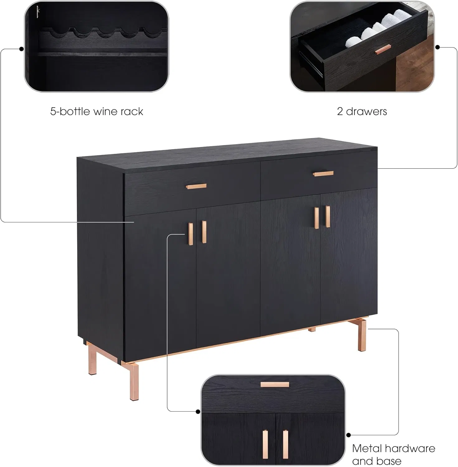 Stylish 47.3-Inch Black Dining Cabinet with Wine Rack