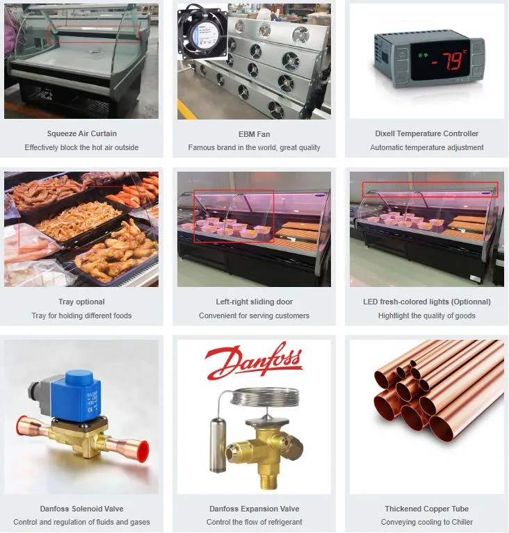 Supermarket Butchery Chiller Horizontal Commercial Salad Fresh Deli Meat Fish Sushi Food Chicken Counter Display Freezers & Fridges for Sale