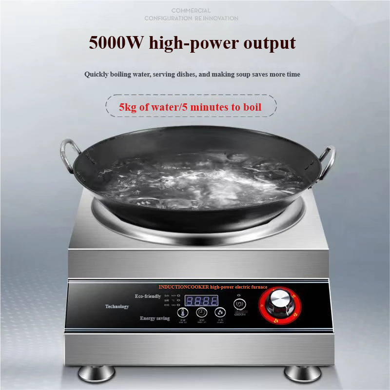 5000W Commercial Single Stainless Steel Induction Cooker Electric Cooktop Hotpot Fry Functions for Restaurant Household Use