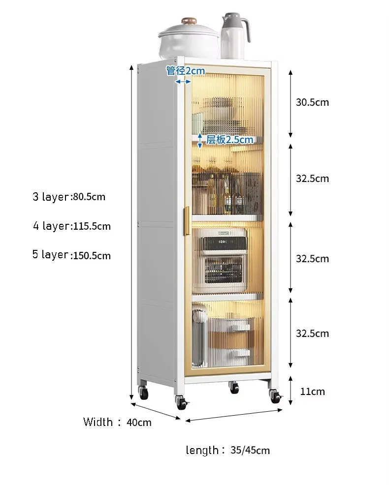 Freestanding Cabinet with 4 Shelves and Wheels Carbon Steel Bathroom Pantry Cabinet