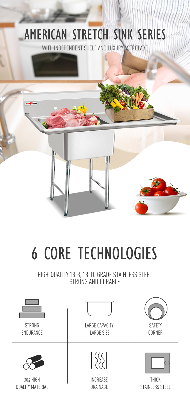 NSF American Style 304 201 Stainless Steel Restaurant 3 Compartment Commercial Sink with Drainboard Commercial Food Prep Table