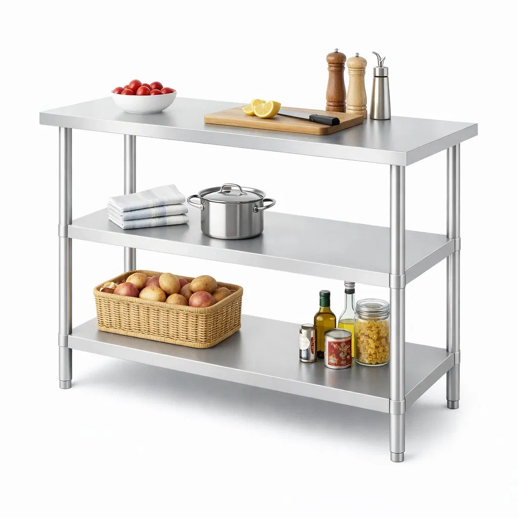 Double Three Layer Stainless Steel Worktable Heavy Duty Commercial Kitchen Prep Bench