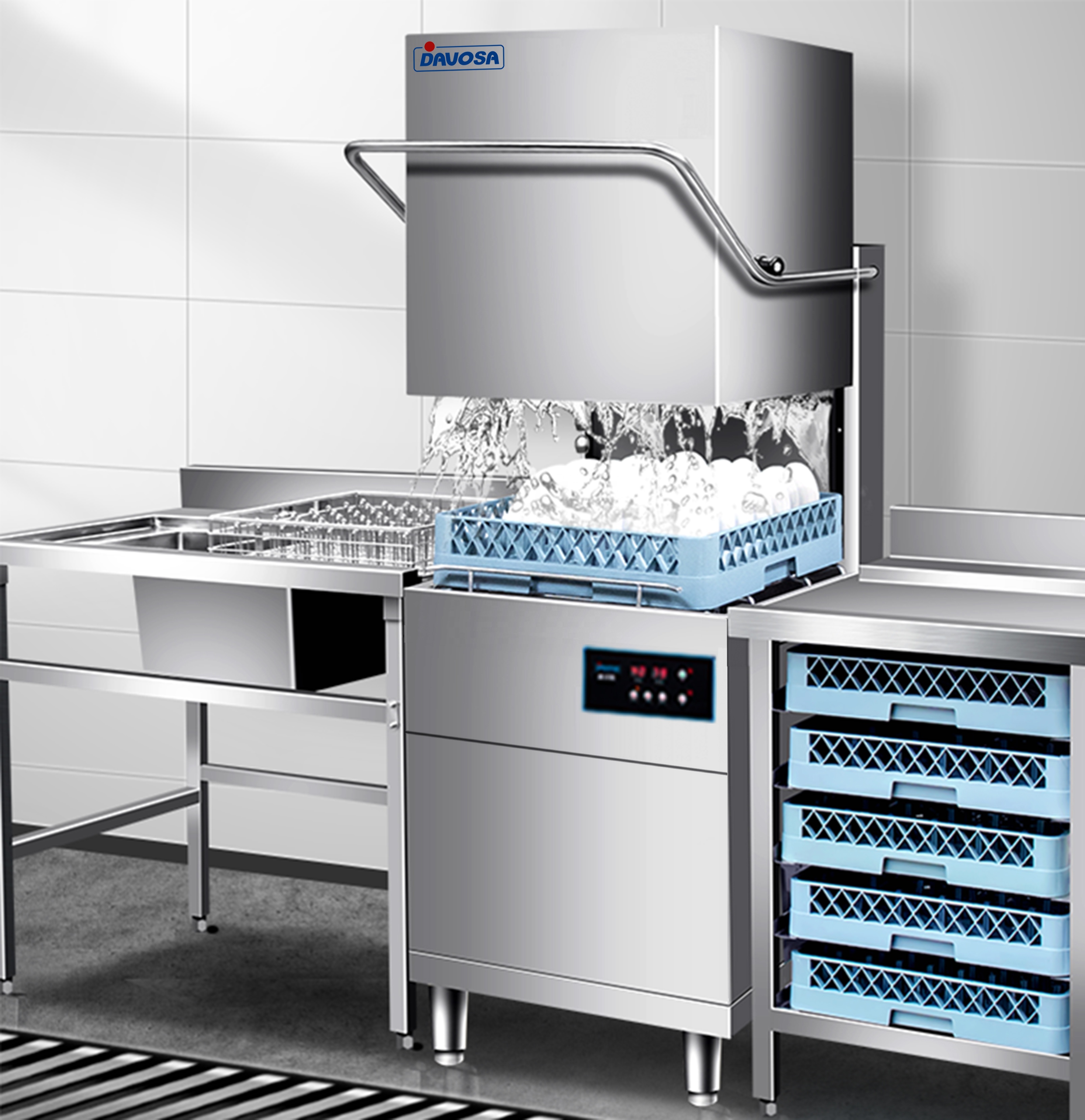 High Efficiency Cleaning Water Saving Automatic 304 Stainless Steel Industrial Kitchen Equipment Hood Type Commercial Dishwasher