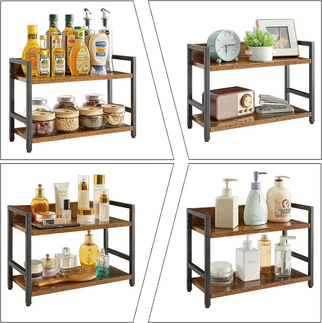 Kitchen Space Saving Desktop Spice Cabinet Wood Storage 2-Tier Spice Rack