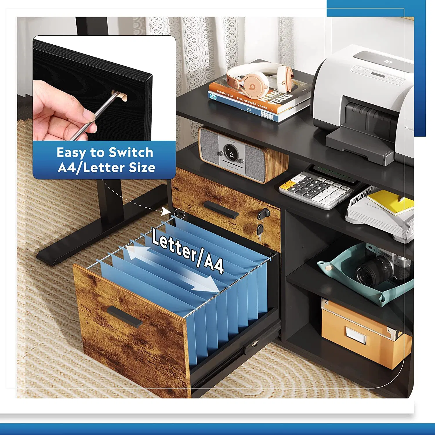 Stylish Wood Fabric Mobile File Cabinet with 3 Drawers