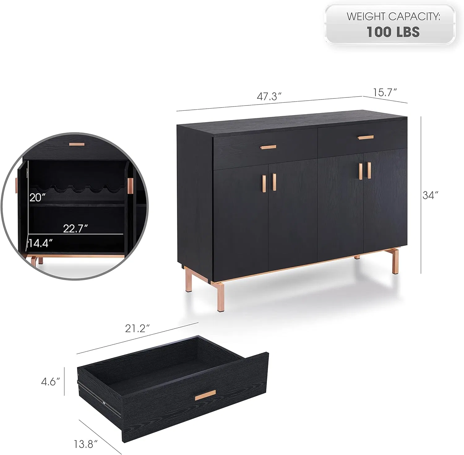 Stylish 47.3-Inch Black Dining Cabinet with Wine Rack