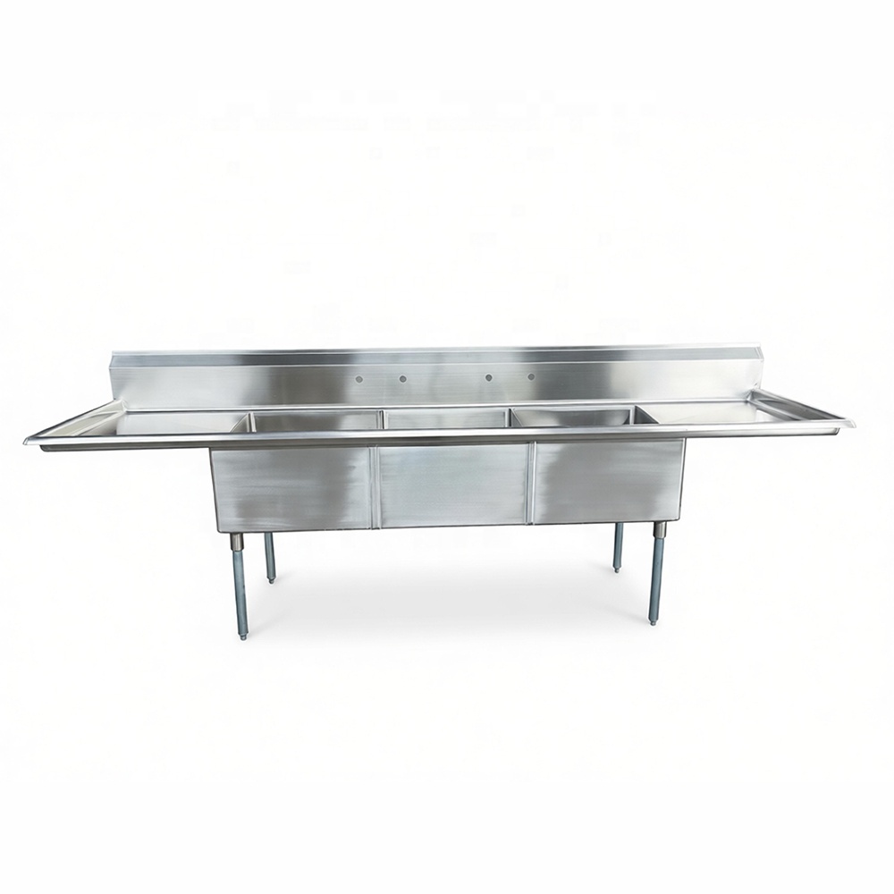 Heavy Duty XIANGYING Industrial Kitchen Three-Compartment Brushed Stainless Steel Utility Sink with Double Drain Boards