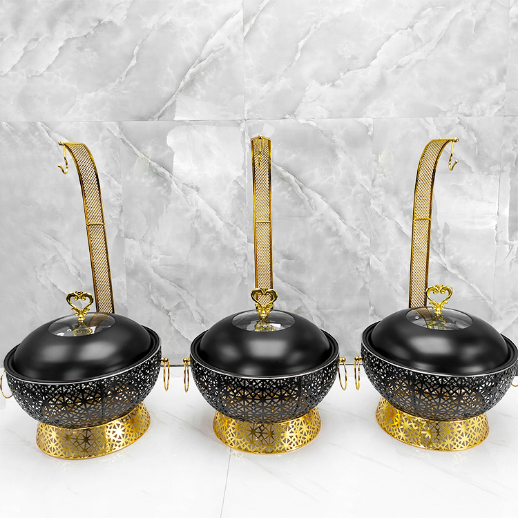 Hotel Black and Gold Chaffing Dishes with Hanging Food Warmer Round De Lux Buffet Hanging Chafing Dish for Catering