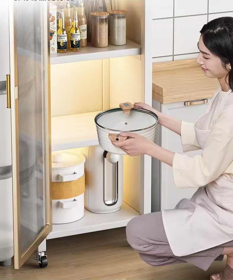 Freestanding Cabinet with 4 Shelves and Wheels Carbon Steel Bathroom Pantry Cabinet