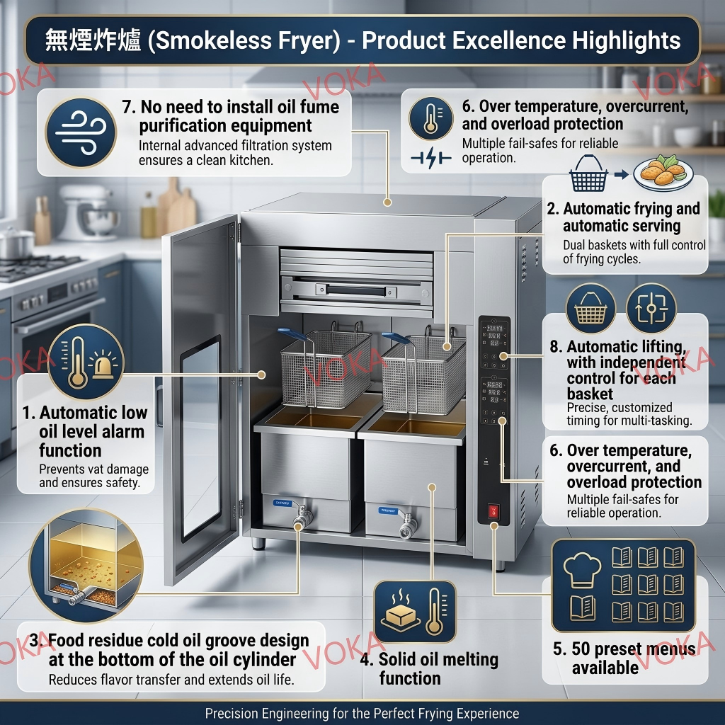 Ventless Deep Fryer with No Extra Fume Purification Equipment Needed 8-Stage Fume Purification No Exhaust Fumes