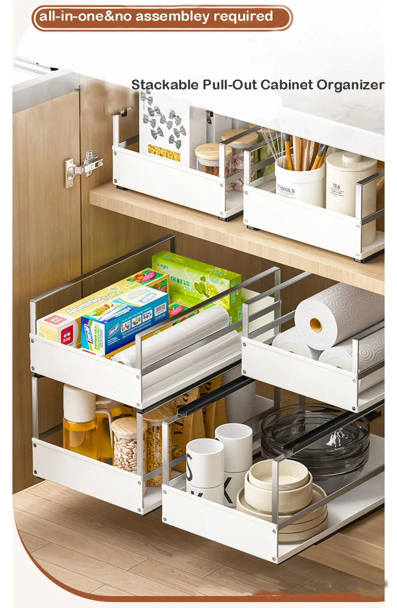 Multi-Tier Pull-out Condiment Storage Basket for Kitchen Cabinet Use