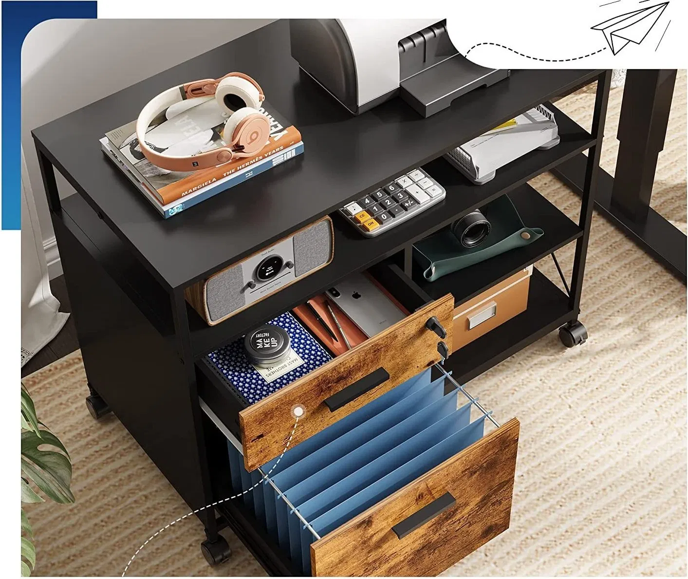 Stylish Wood Fabric Mobile File Cabinet with 3 Drawers