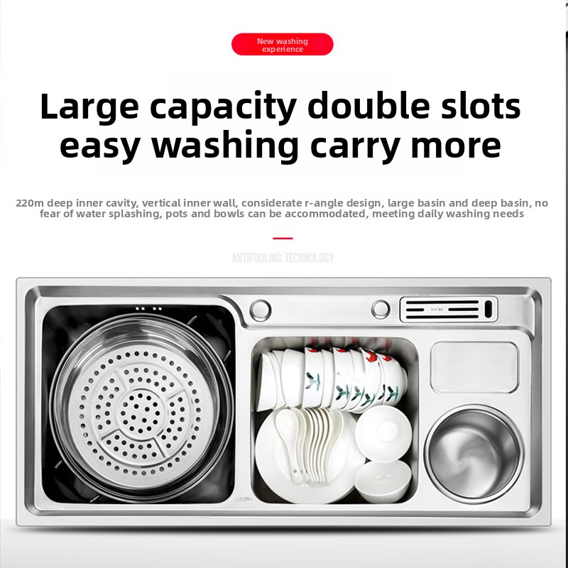 304 Stainless Steel Light Luxury Kitchen Sink Faucet Three Compartments Multifunctional Vegetable Washing Dishwashing Basin