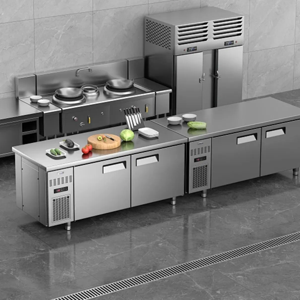 Restaurant Kitchen Equipment Double Doors Refrigerator Table Counter Chiller Work Bench Commercial Fridge Freezer