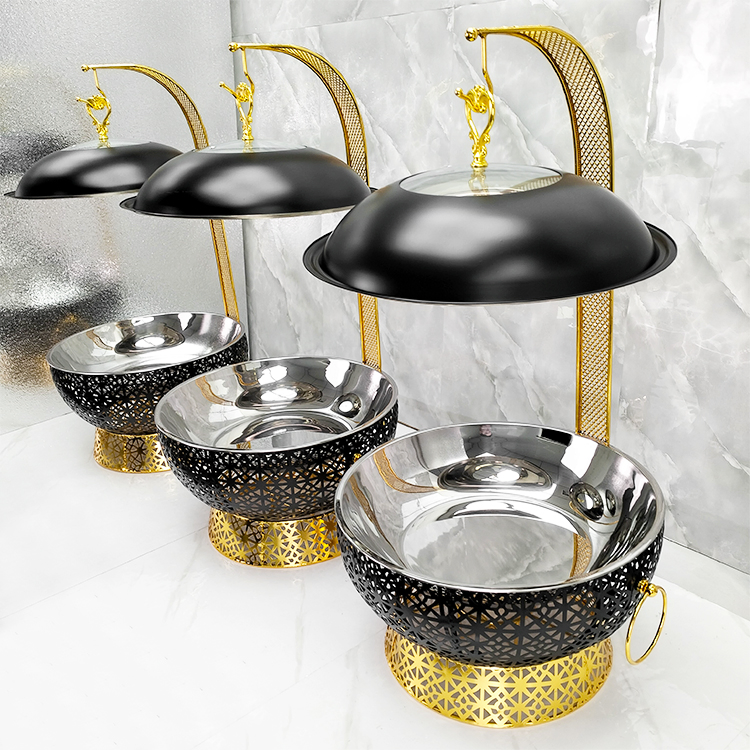 Hotel Black and Gold Chaffing Dishes with Hanging Food Warmer Round De Lux Buffet Hanging Chafing Dish for Catering