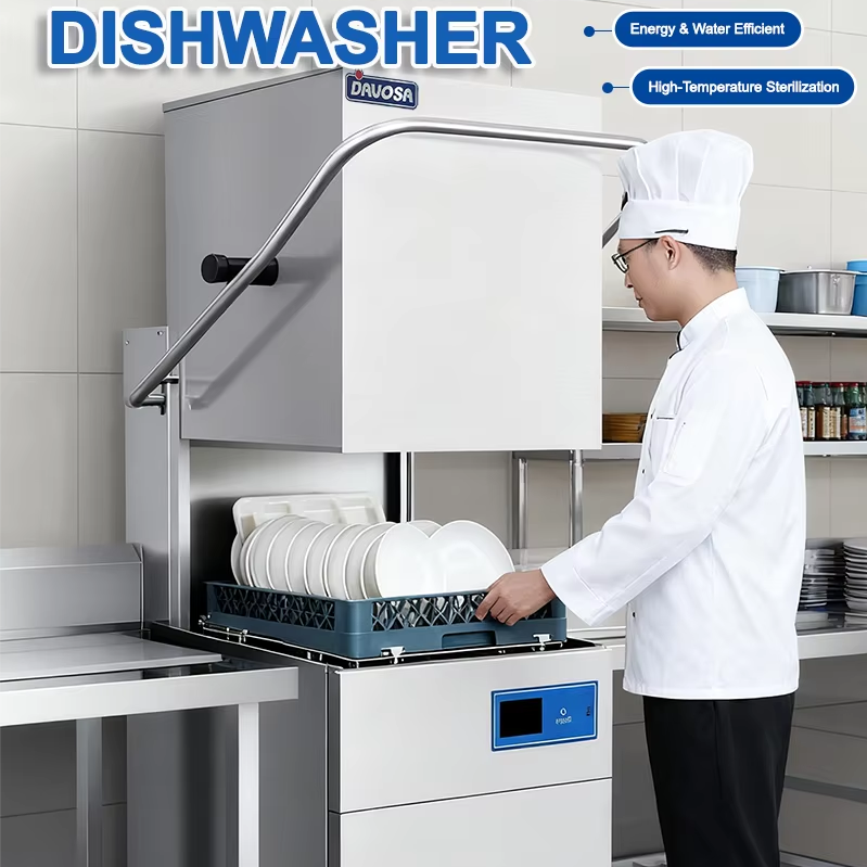 High Efficiency Cleaning Water Saving Automatic 304 Stainless Steel Industrial Kitchen Equipment Hood Type Commercial Dishwasher