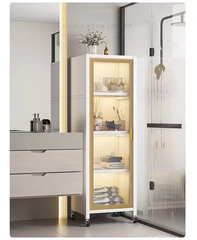 Freestanding Cabinet with 4 Shelves and Wheels Carbon Steel Bathroom Pantry Cabinet