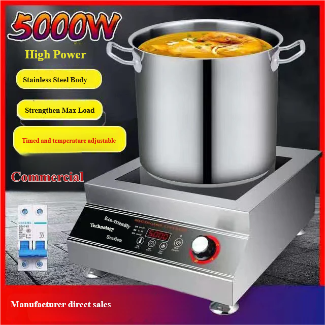 5000W Commercial Single Stainless Steel Induction Cooker Electric Cooktop Hotpot Fry Functions for Restaurant Household Use