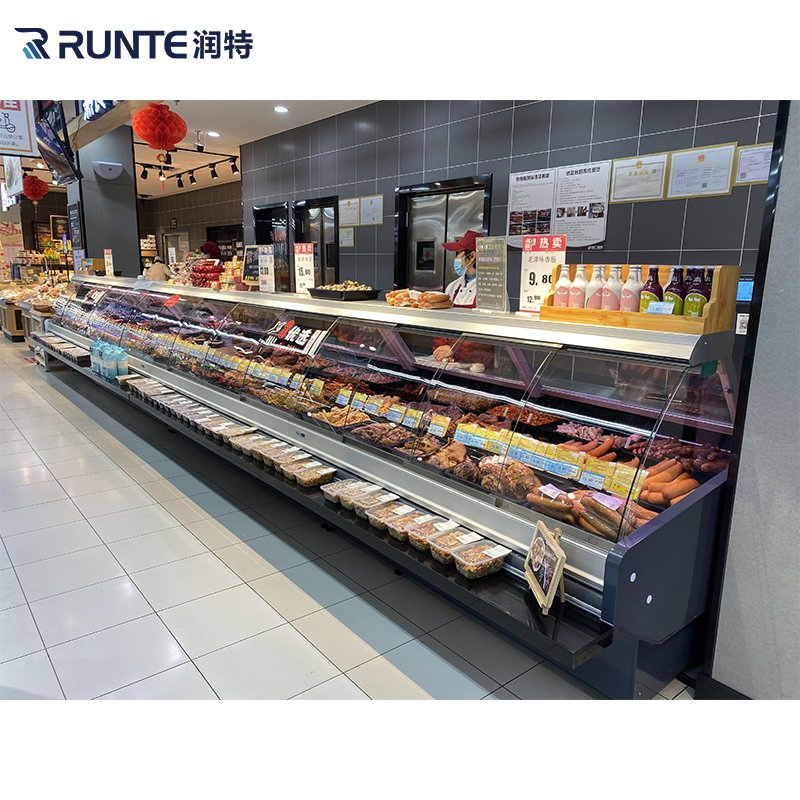 Supermarket Butchery Chiller Horizontal Commercial Salad Fresh Deli Meat Fish Sushi Food Chicken Counter Display Freezers &amp; Fridges for Sale