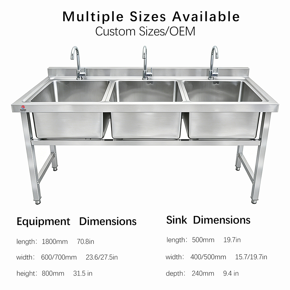 Free Standing Triple Basin Stainless Steel Sink Commercial Kitchen Wash Prep Station Triple Compartment Catering Sink