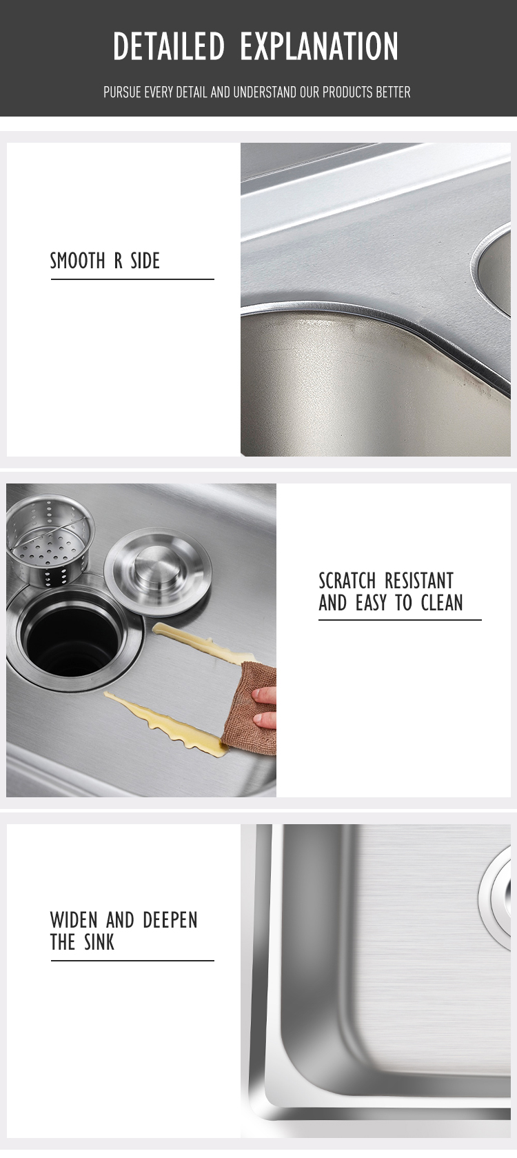 NSF American Style 304 201 Stainless Steel Restaurant 3 Compartment Commercial Sink with Drainboard Commercial Food Prep Table