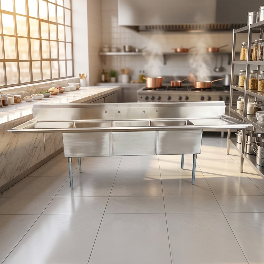 Heavy Duty XIANGYING Industrial Kitchen Three-Compartment Brushed Stainless Steel Utility Sink with Double Drain Boards