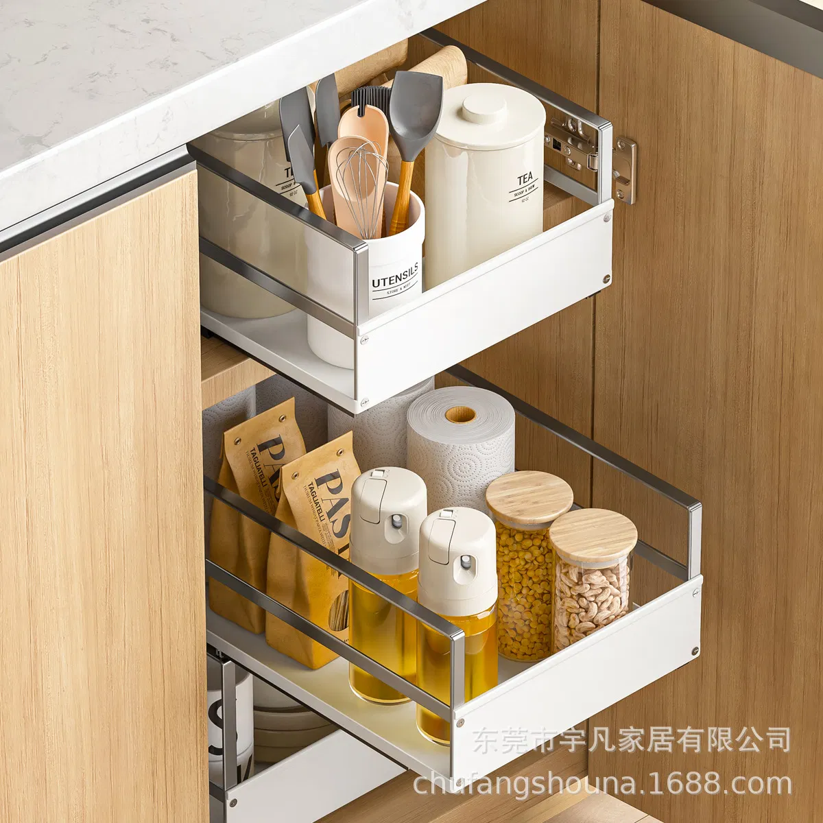 Multi-Tier Pull-out Condiment Storage Basket for Kitchen Cabinet Use