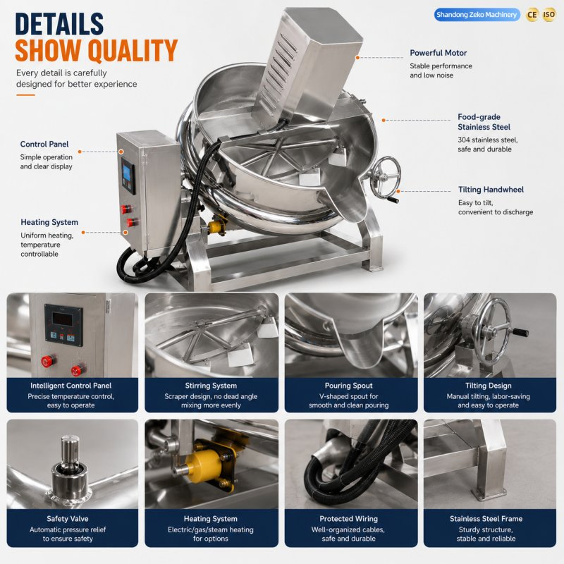 Stainless Steel Tilting Cooking Machine for Sauce Jam Candy Soup Food Processing