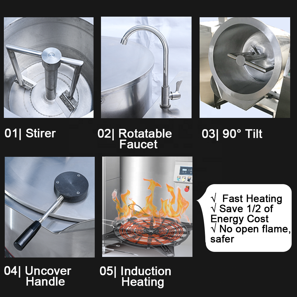 50 100L 150 250 500 Liter Commercial Jam Mixer Machine Commercial Electric Induction Industrial Cooking Kettle with Agitator