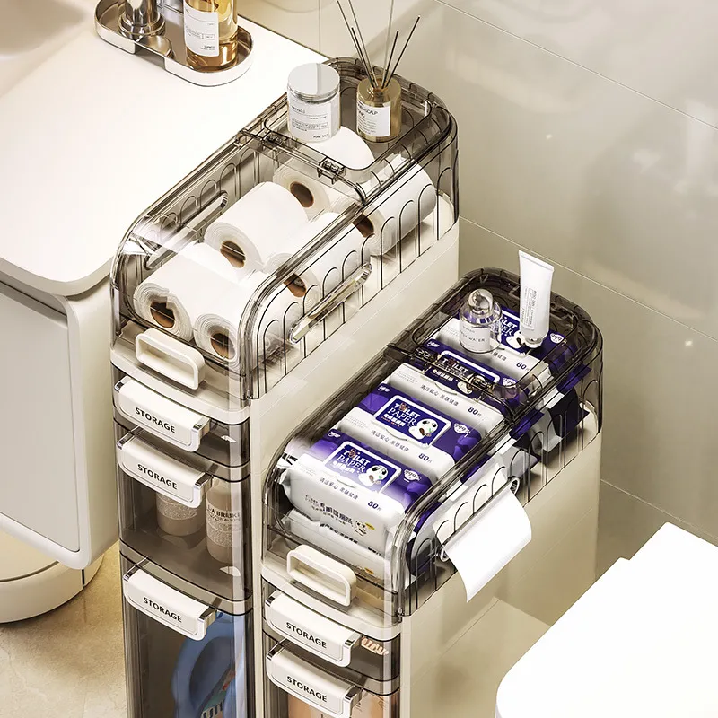 Narrow Bathroom Floor Plastic Drawers Organizer with Tissue Box Storage Cabinet