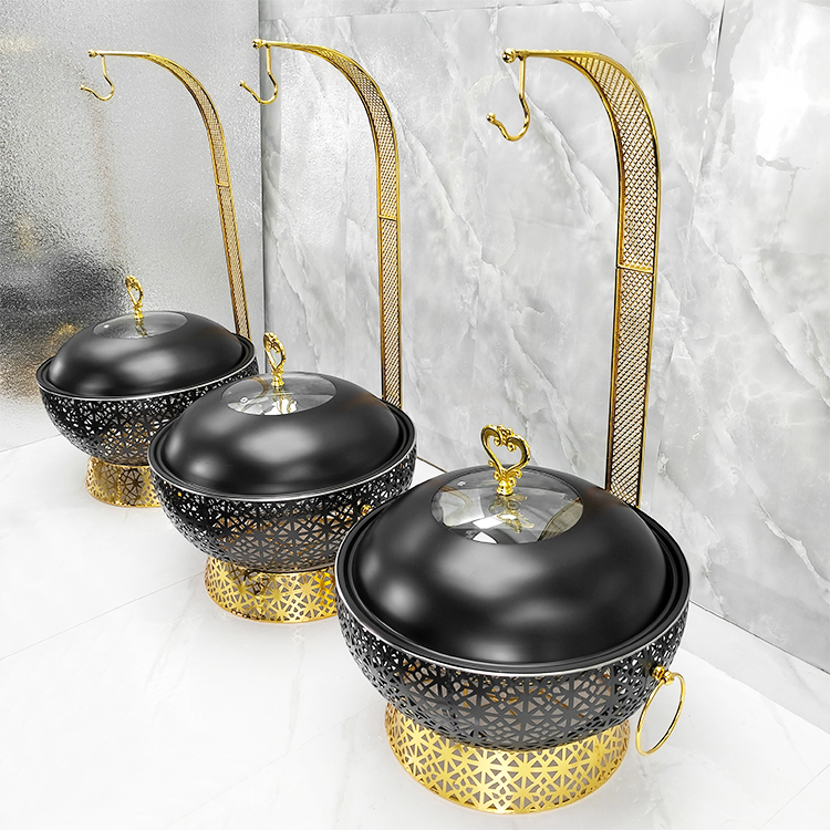 Hotel Black and Gold Chaffing Dishes with Hanging Food Warmer Round De Lux Buffet Hanging Chafing Dish for Catering