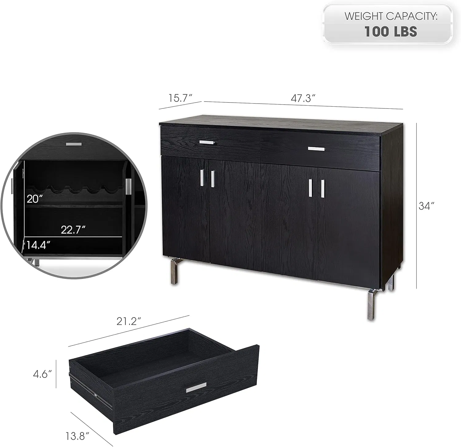Black Dining Room Storage Cabinet with 2 Drawers, 5-Bottle Wine Rack and Metal Base