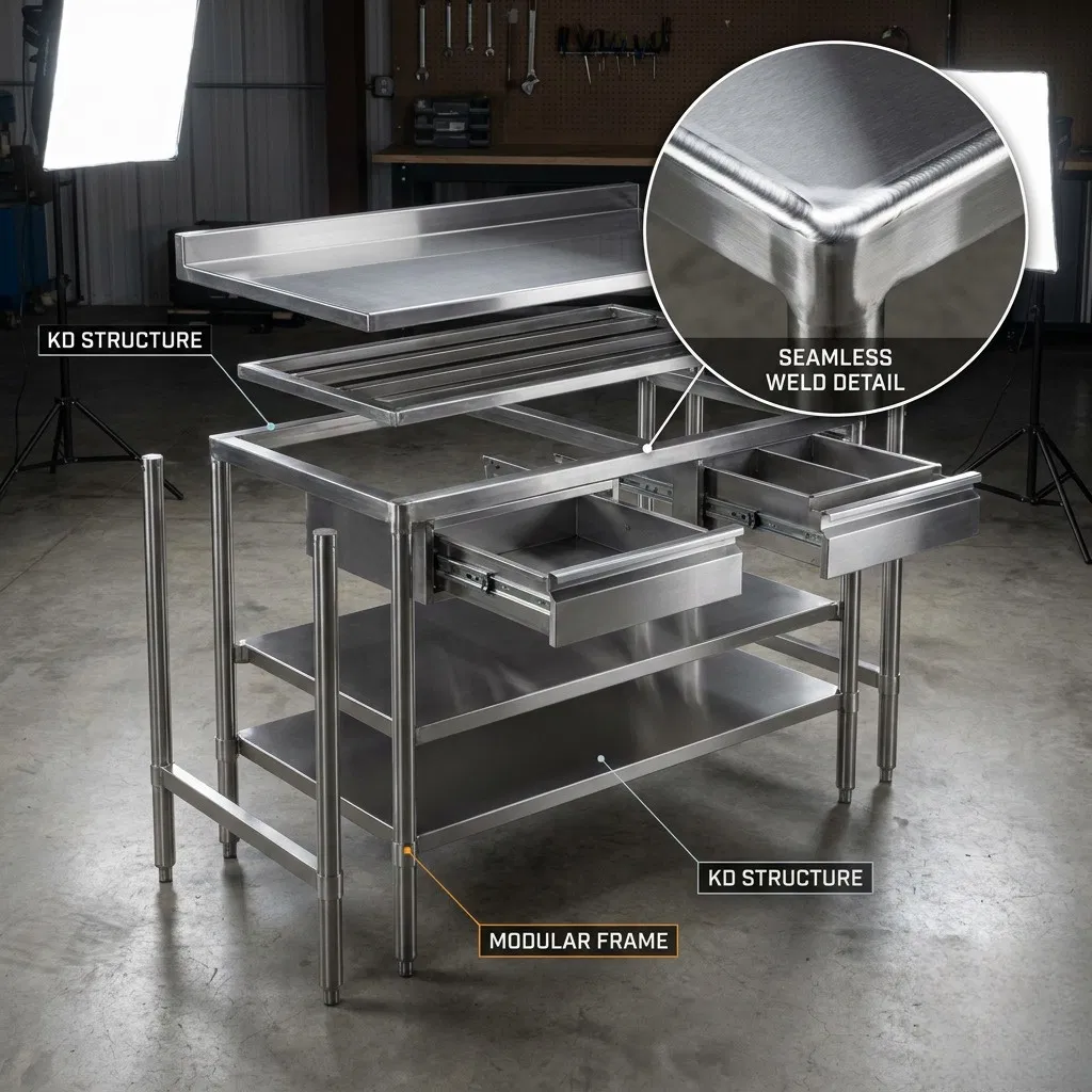 High Loading Capacity Stainless Steel Worktable Double Tier Modular Type Prep Table