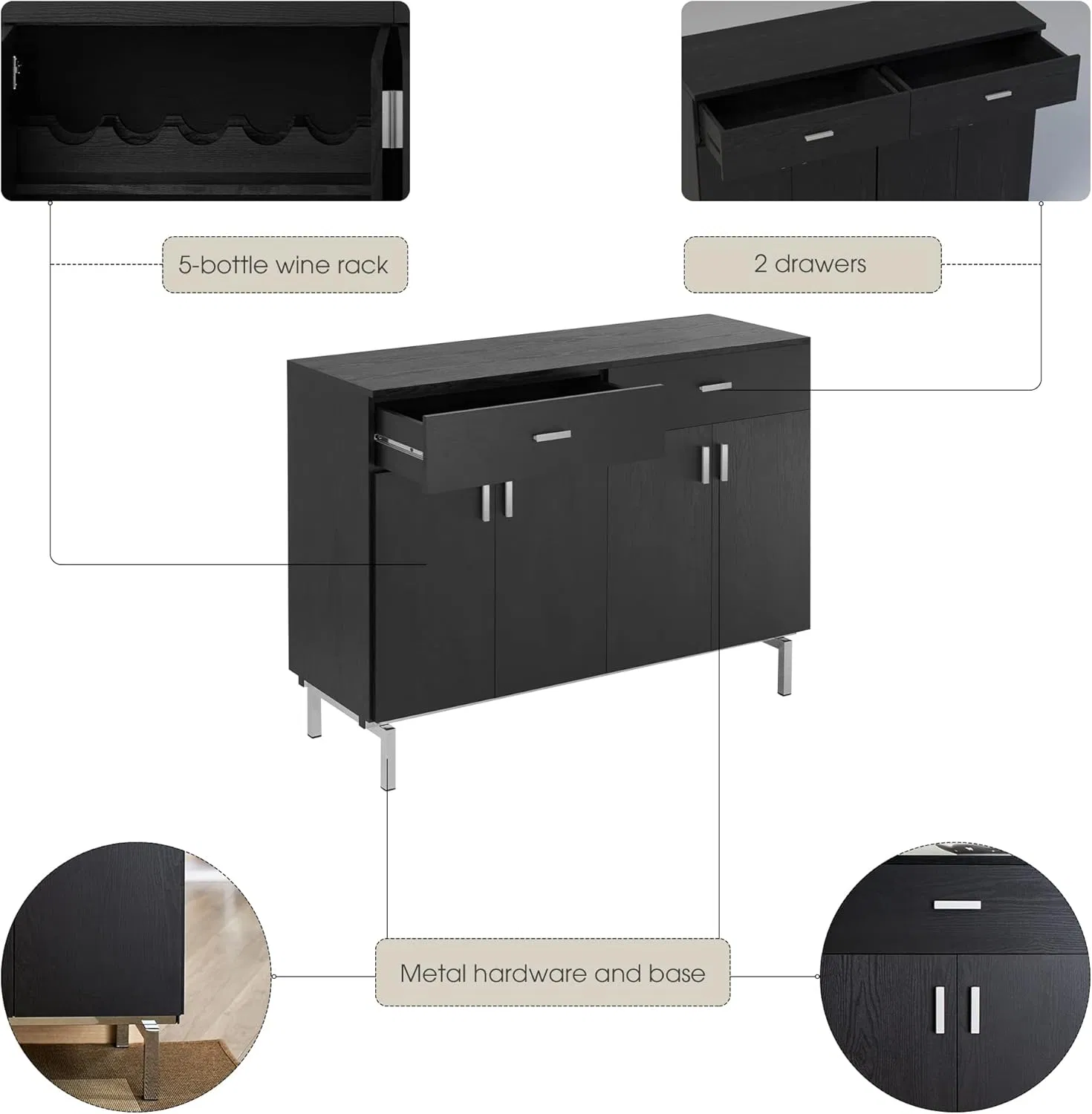Stylish 47.3-Inch Black Dining Cabinet with Wine Rack