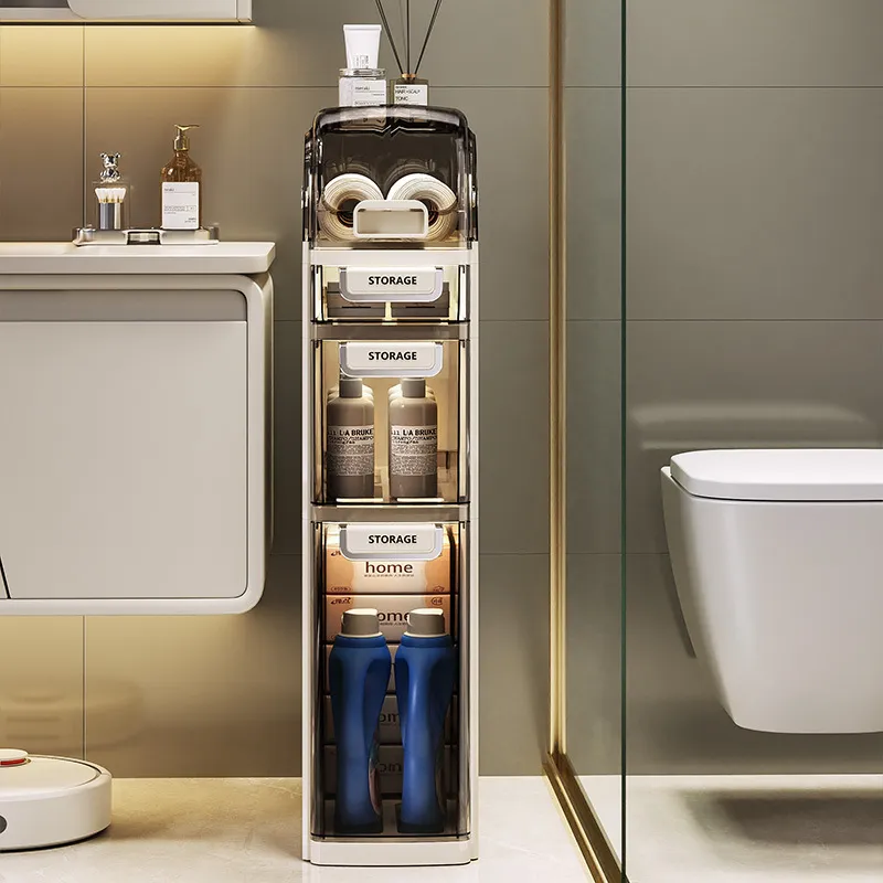 Narrow Bathroom Floor Plastic Drawers Organizer with Tissue Box Storage Cabinet