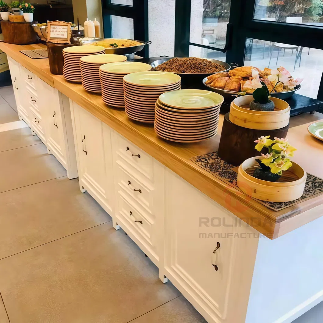 Professional Heavy Duty Wooden Buffet Table with Storage Shelves for Hotel Catering and Restaurant Banquet Displays