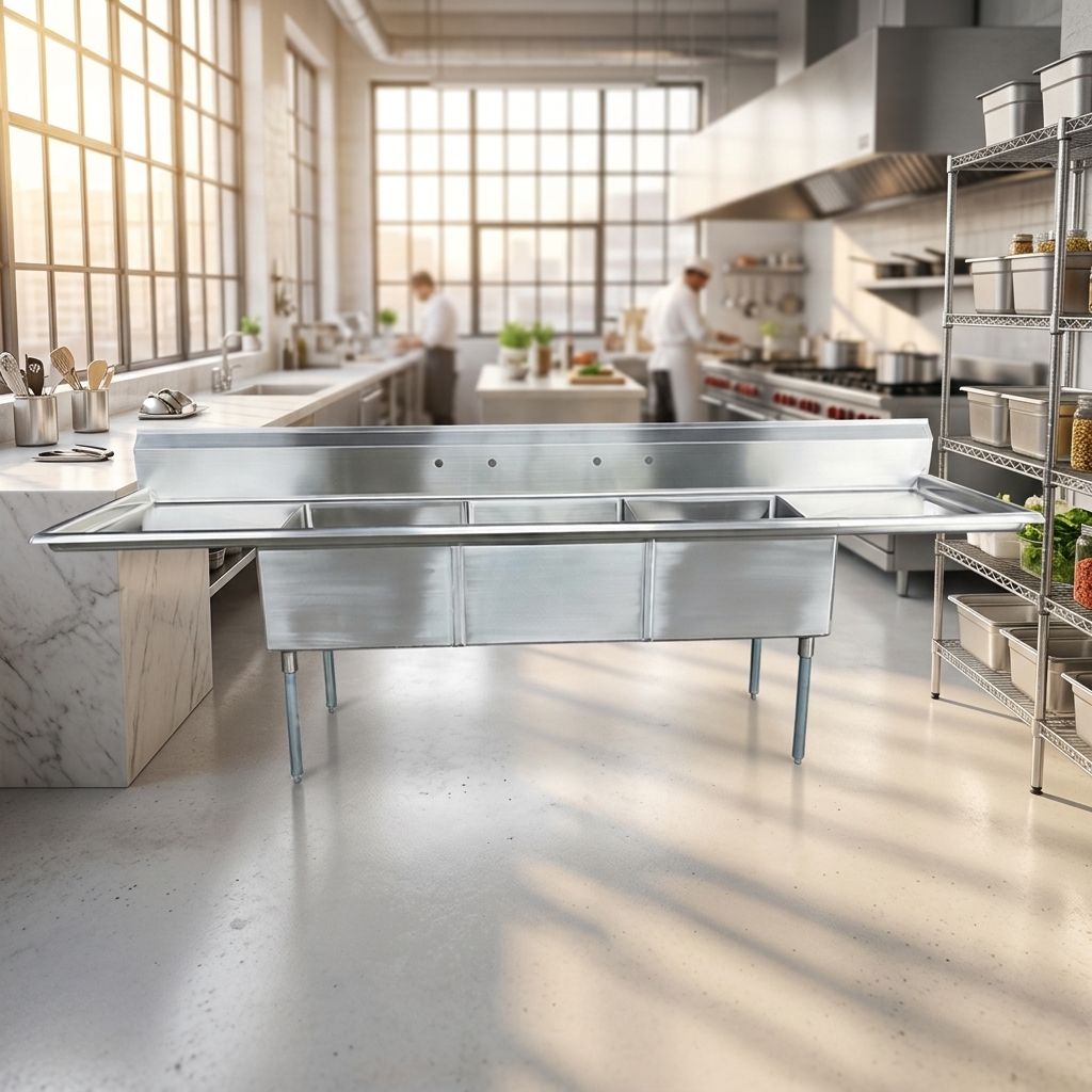 Heavy Duty XIANGYING Industrial Kitchen Three-Compartment Brushed Stainless Steel Utility Sink with Double Drain Boards