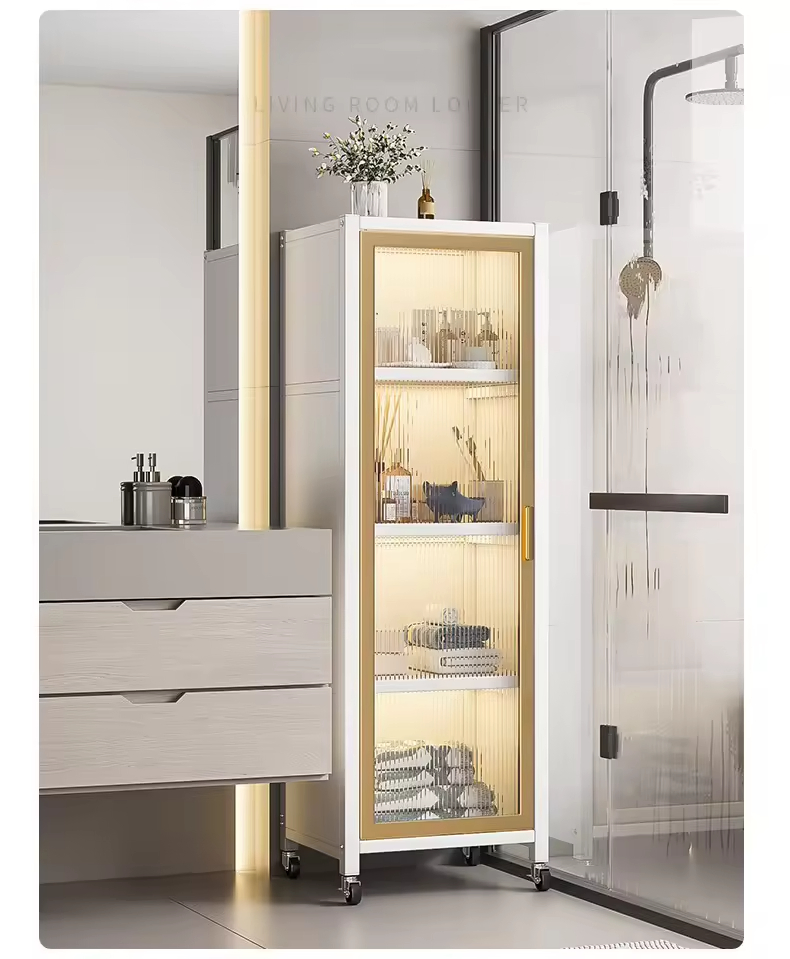 Freestanding Cabinet with 4 Shelves and Wheels Carbon Steel Bathroom Pantry Cabinet
