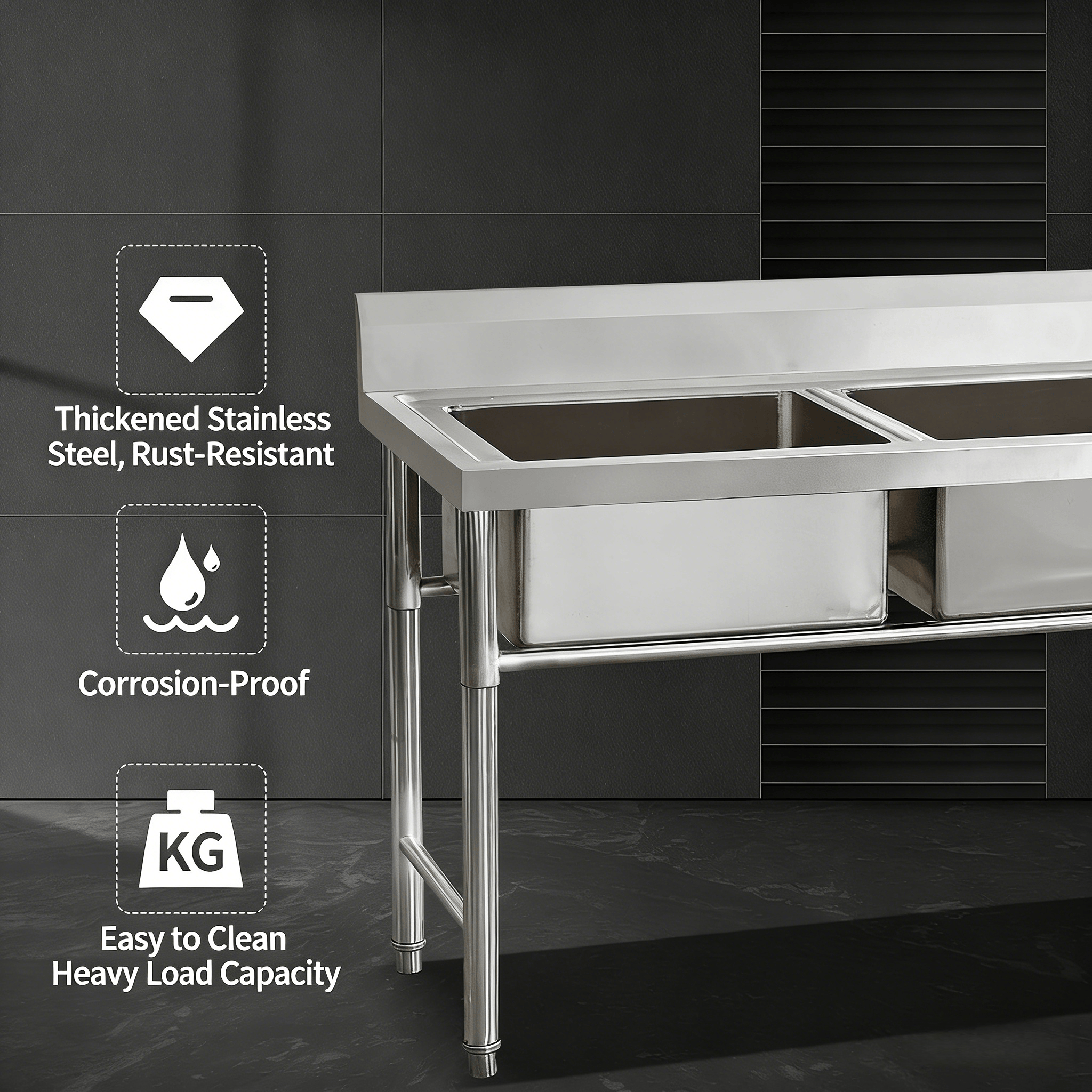 Three Compartment Thickened 304 Commercial Stainless Steel Sink For Vegetable Washing Hand Washing And Dishwashing