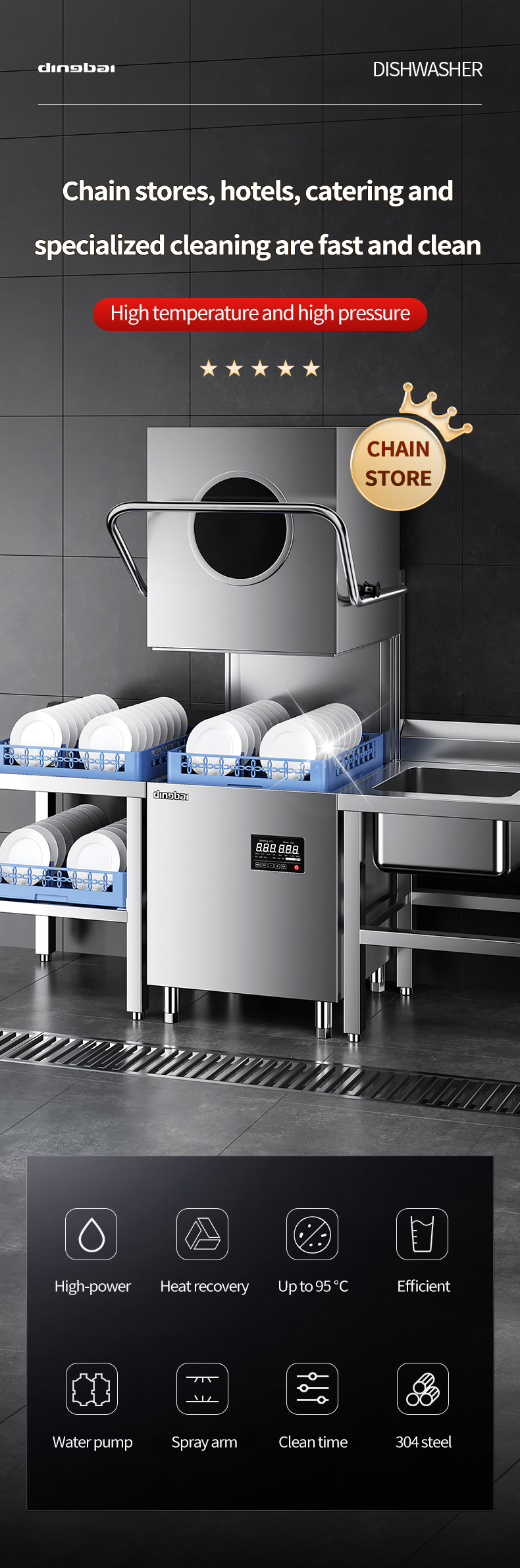 Commercial Fully Automatic Electric Dishwasher Stainless Steel Cup Cleaning and Sterilizing Machine for Large Kitchens