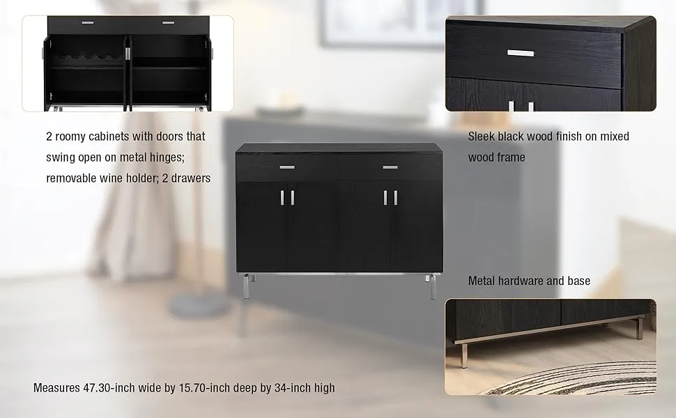 Black Dining Room Storage Cabinet with 2 Drawers, 5-Bottle Wine Rack and Metal Base