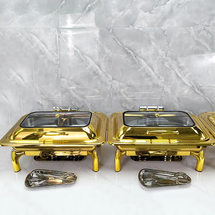 Arabic Hotel 9L Retangular Gold Buffet Stove Buffet Luxury Food Warmer Stainless Steel Chafing Dish for Catering