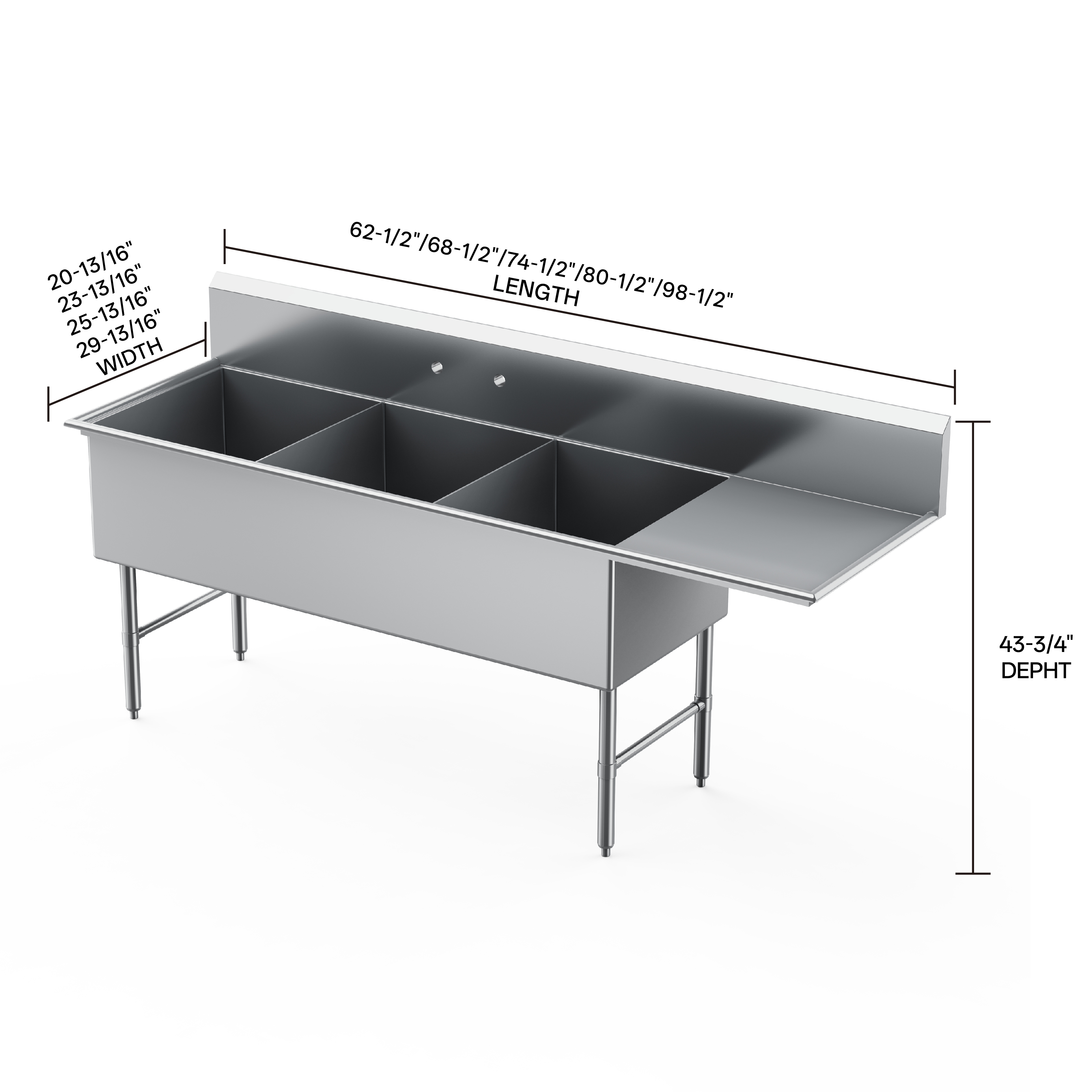 18Ga 304 Stainless Steel Floor-Mounted Three Compartment Sink Polished Finish Durable Corrosion Resistant Commercial Kitchen