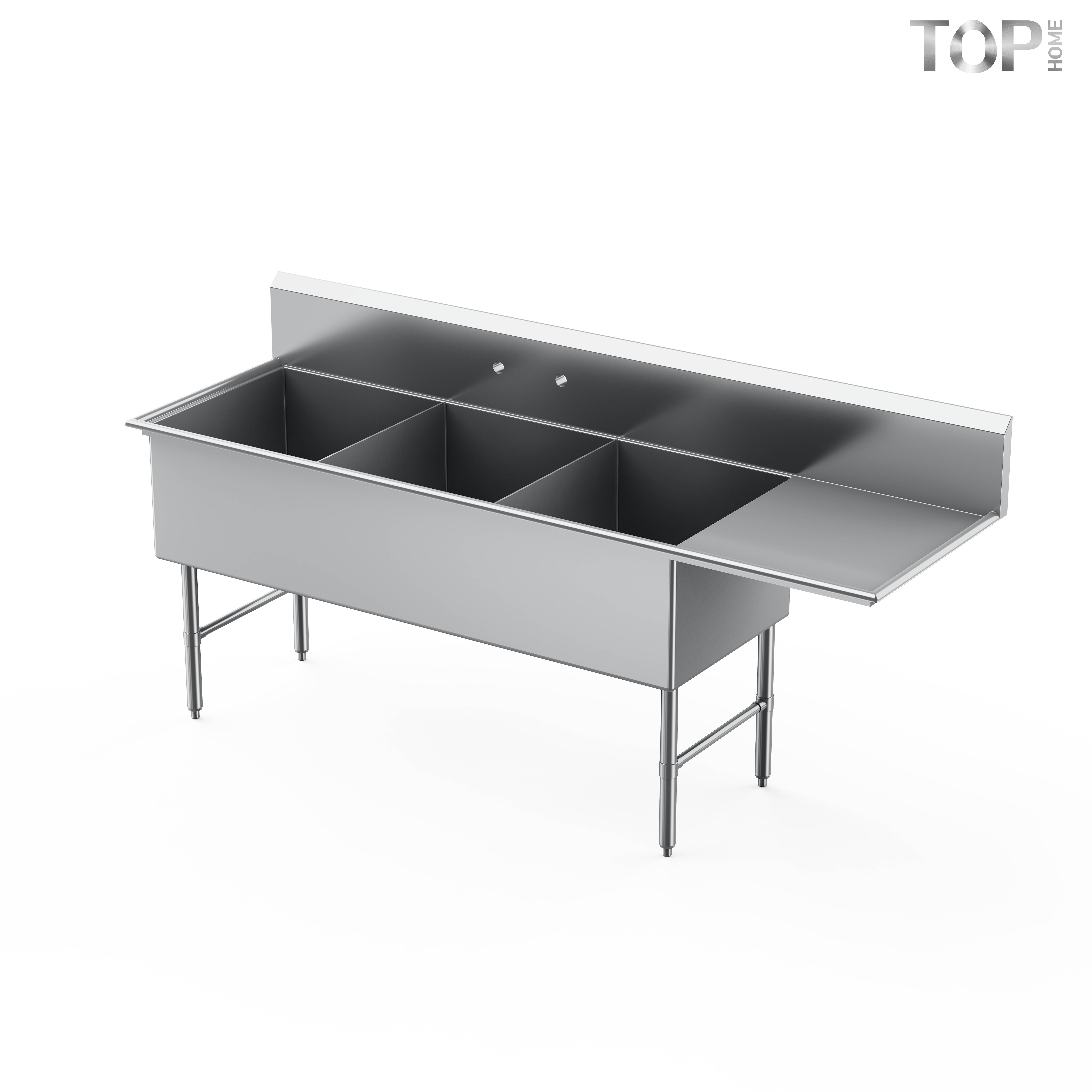 18Ga 304 Stainless Steel Floor-Mounted Three Compartment Sink Polished Finish Durable Corrosion Resistant Commercial Kitchen