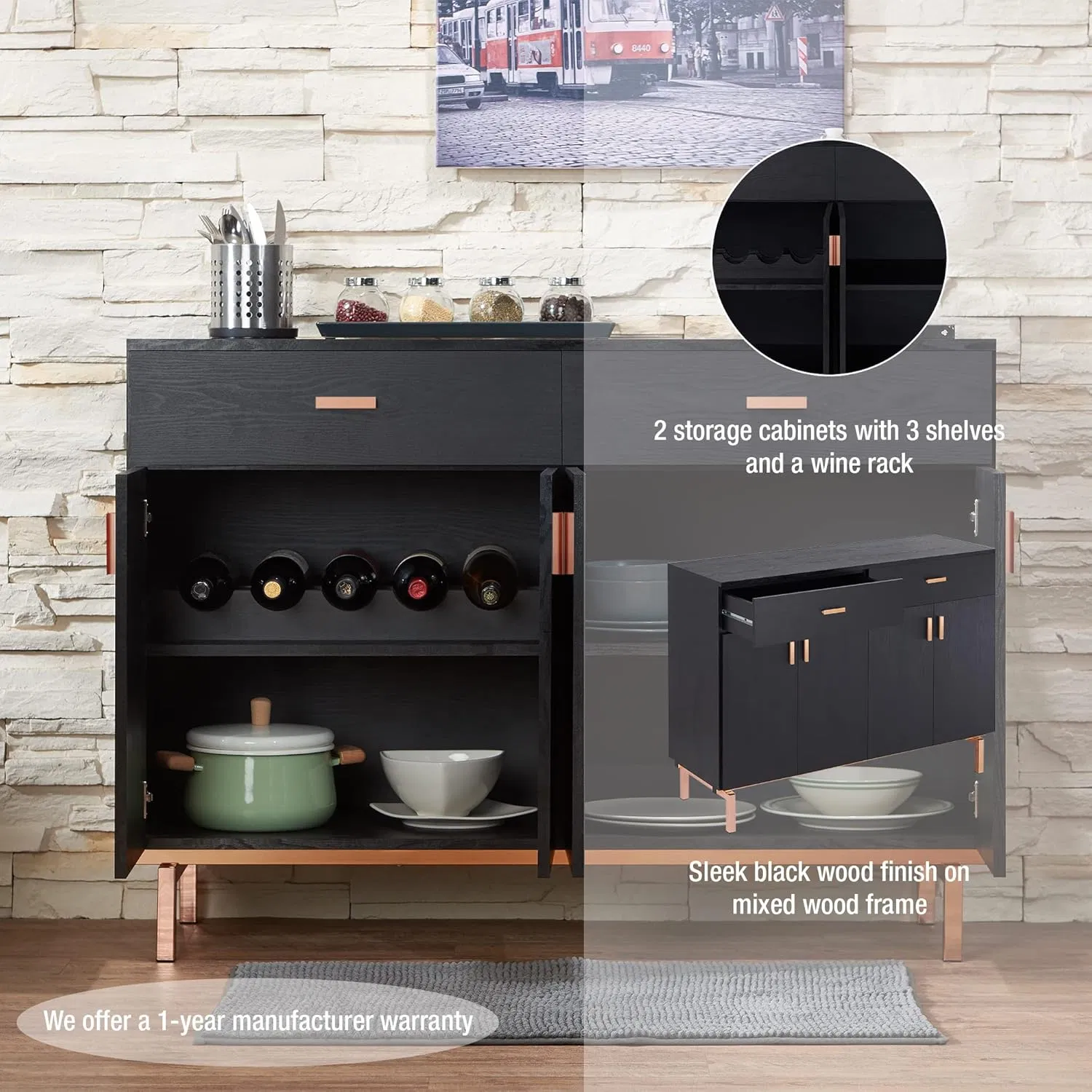 Black Dining Room Storage Cabinet with 2 Drawers, 5-Bottle Wine Rack and Metal Base