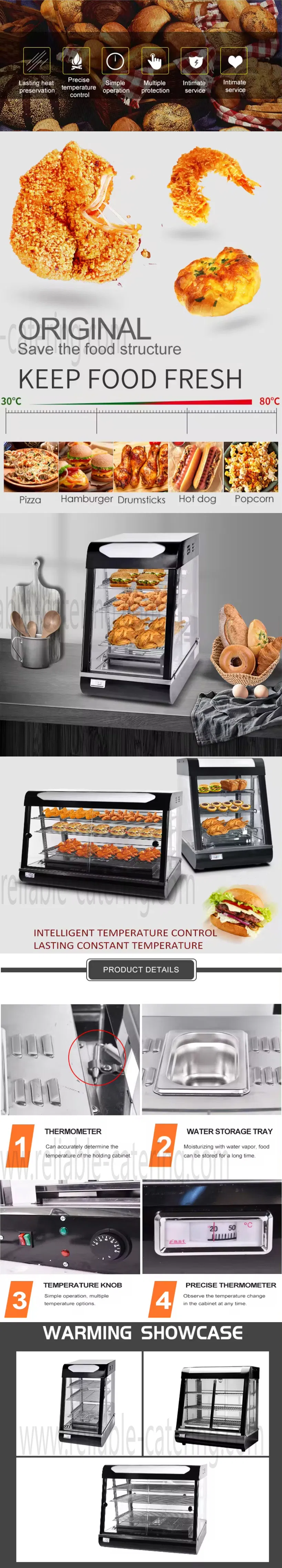 Stainless Steel Glass Door Display Showcase Cabinet Food Warmer to Heating Storage Unit